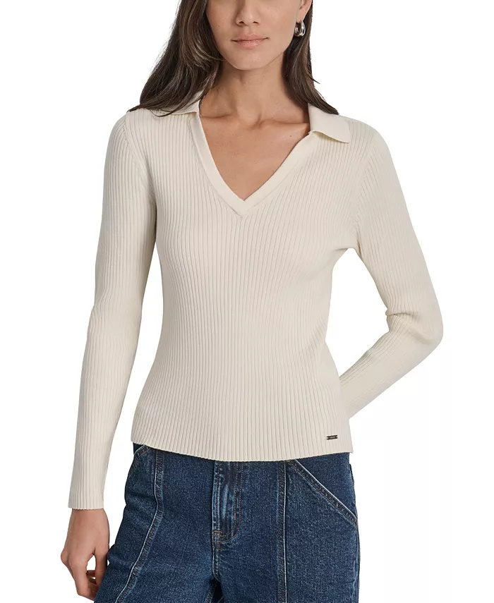 

Маленький ребристый свитер с воротником-стойкой DKNY Jeans, белый