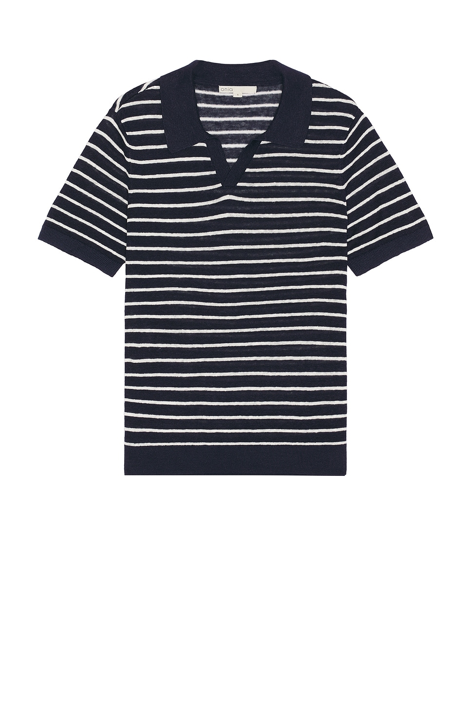 

Свитер с поло и джонни-воротником из льна Onia, deep navy & white