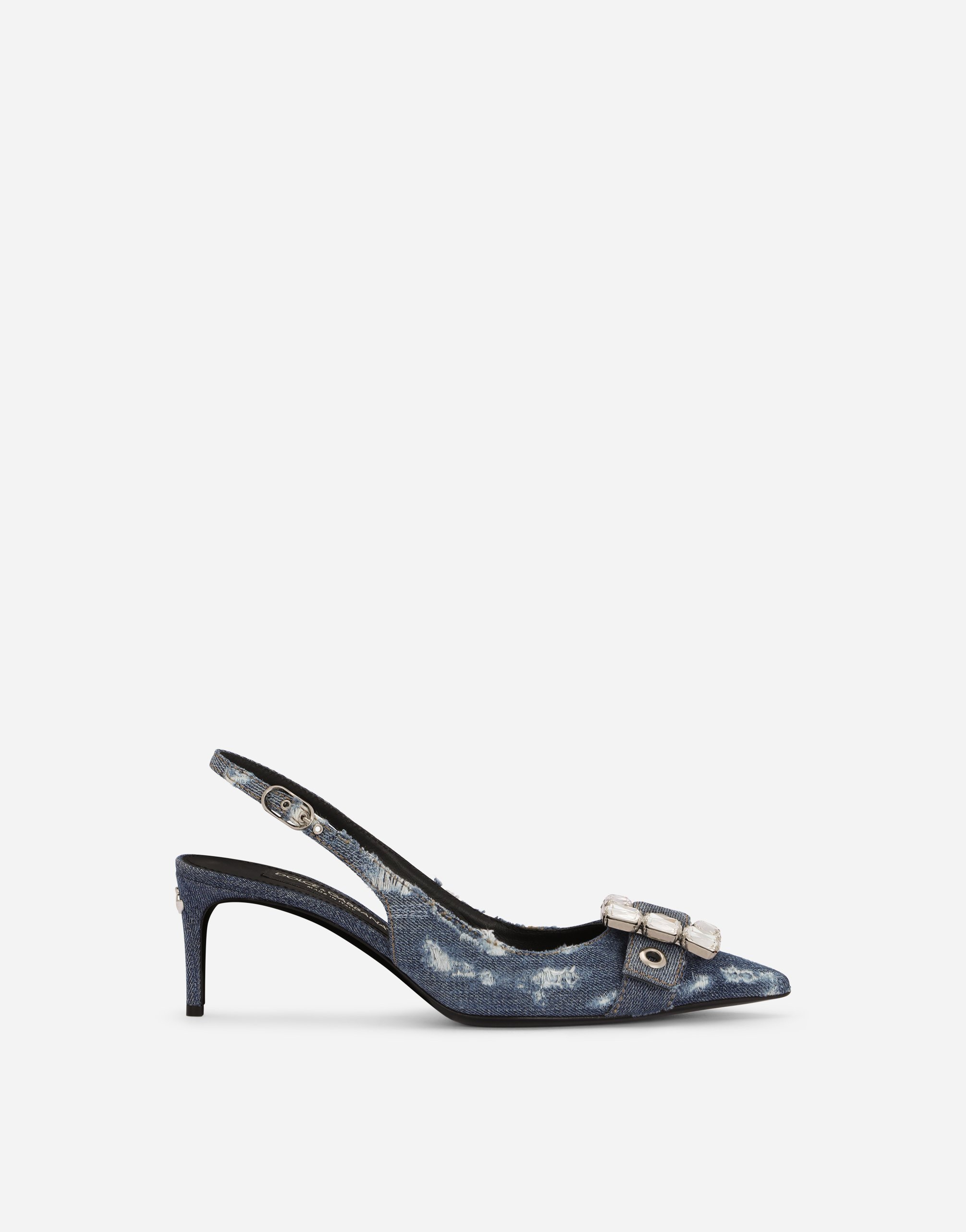 Джинсовые босоножки с открытой пяткой в стиле пэчворк с пряжкой, украшенной стразами Dolce & Gabbana, синий