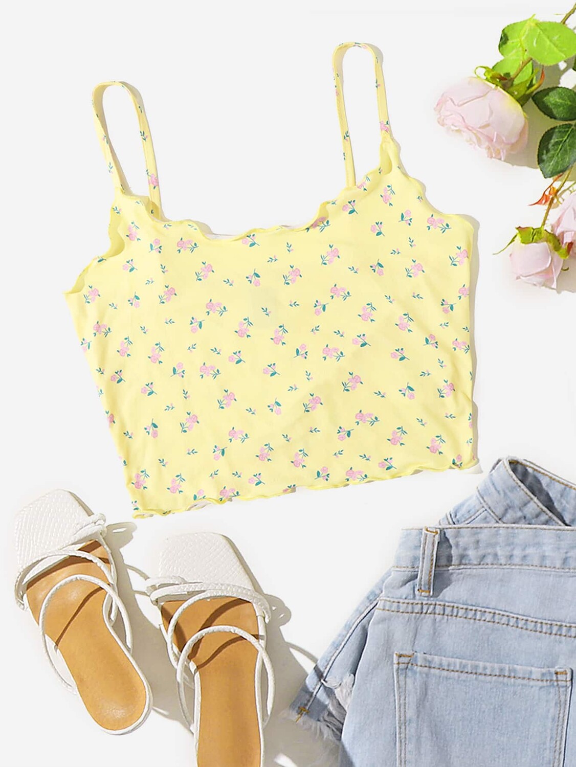 

SHEIN Майка EZwear Cottagecore, мелкие цветы, неровные края, желтый