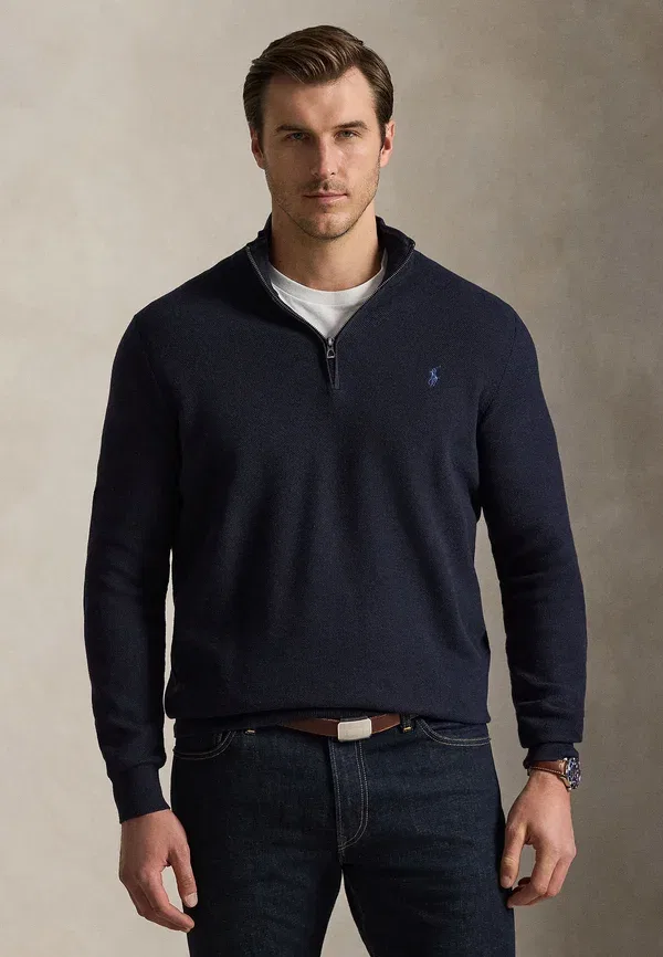 Свитер-худи с четверть-застежкой из хлопкового трикотажа Polo Ralph Lauren Big & Tall, синий меланж