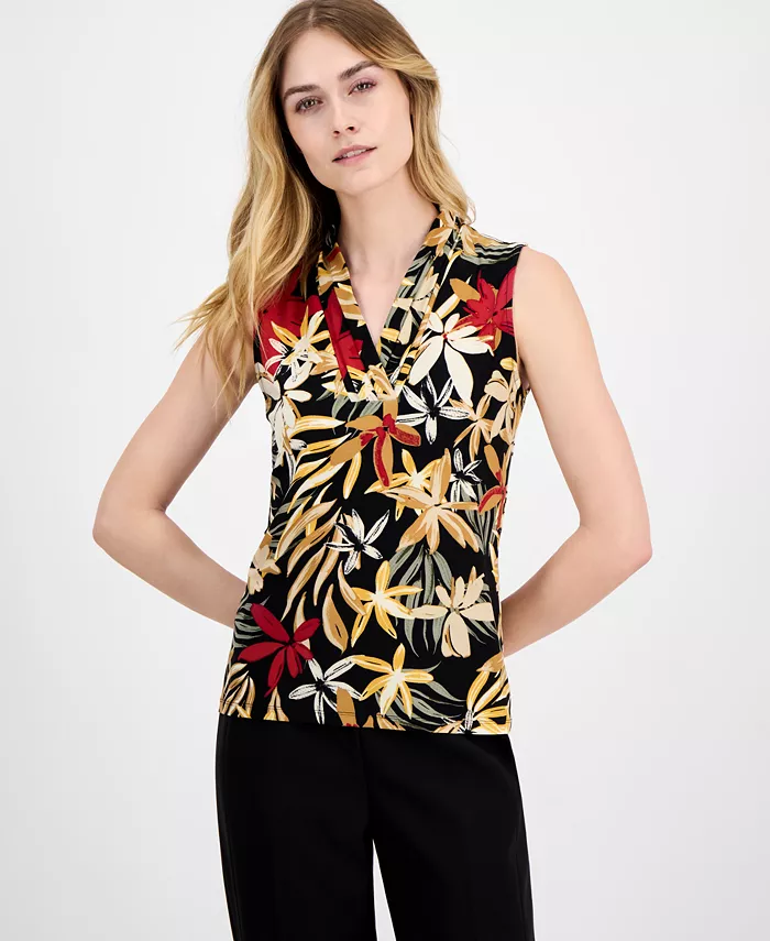 

Миниатюрная блузка без рукавов с V-образным вырезом и складками Anne Klein, черный