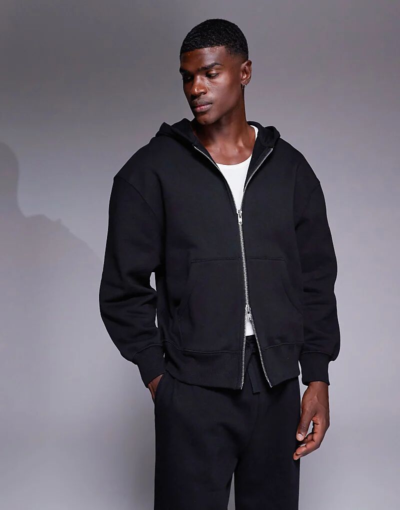 

Толстовка ASOS DESIGN премиум-класса из плотной ткани свободного кроя на молнии плотностью 400 г/м² черного цвета