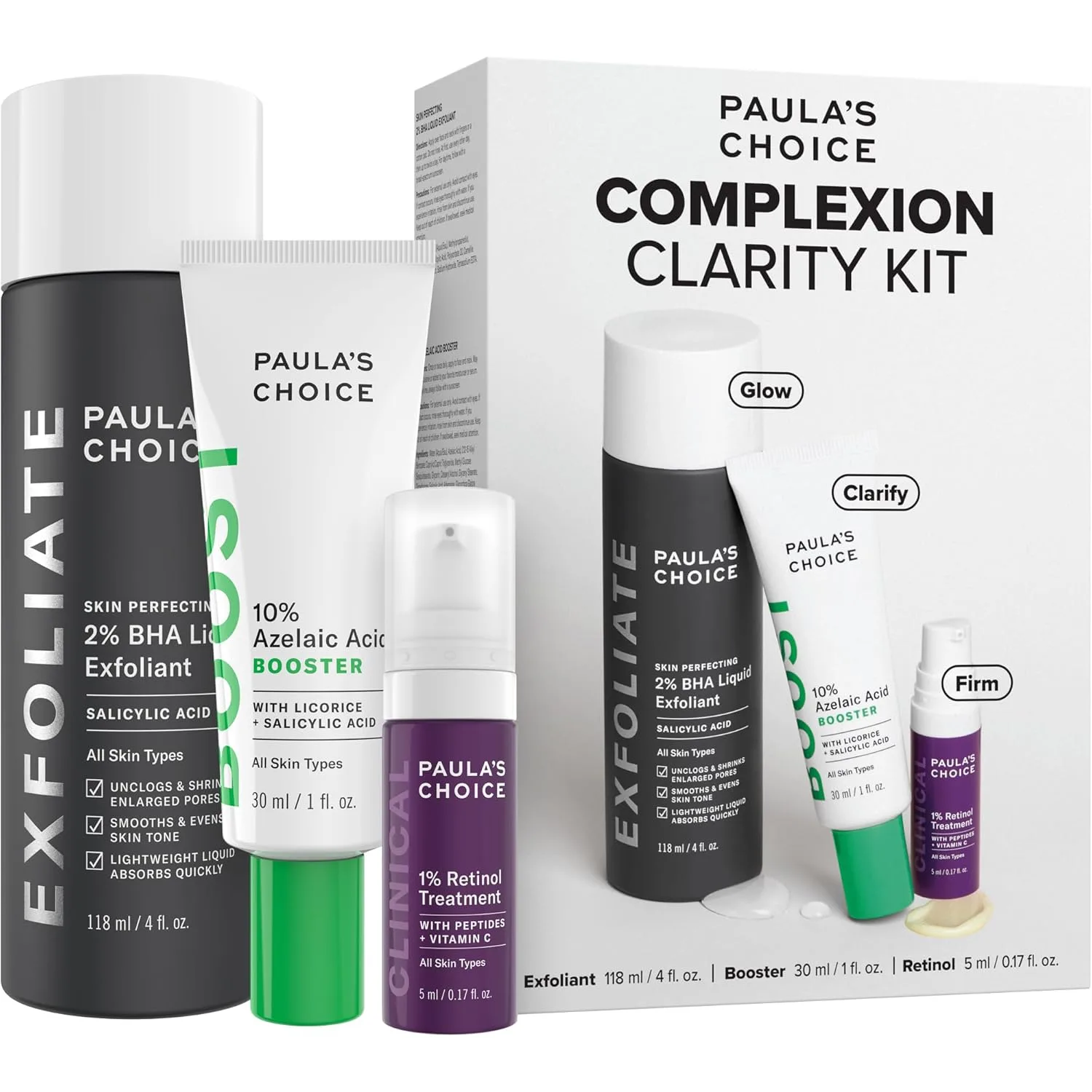 Набор Paula's Choice Complexion Clarity, 3 предмета: 2% BHA эксфолиант, 1% ретинол, 10% азелаиновая кислота