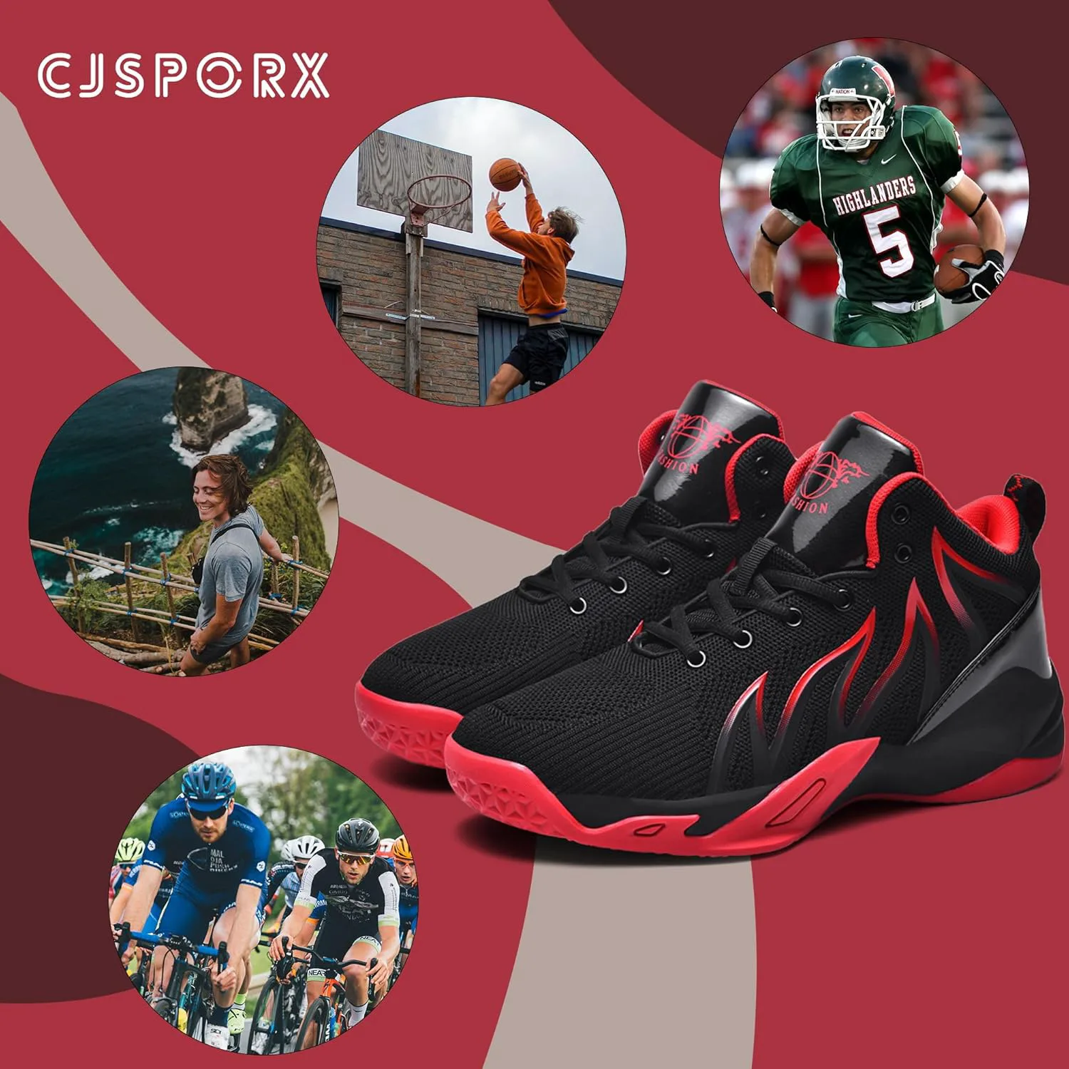 Мужские баскетбольные кроссовки CJSPORX, дышащие, противоскользящие, модные спортивные, красный — фото 2
