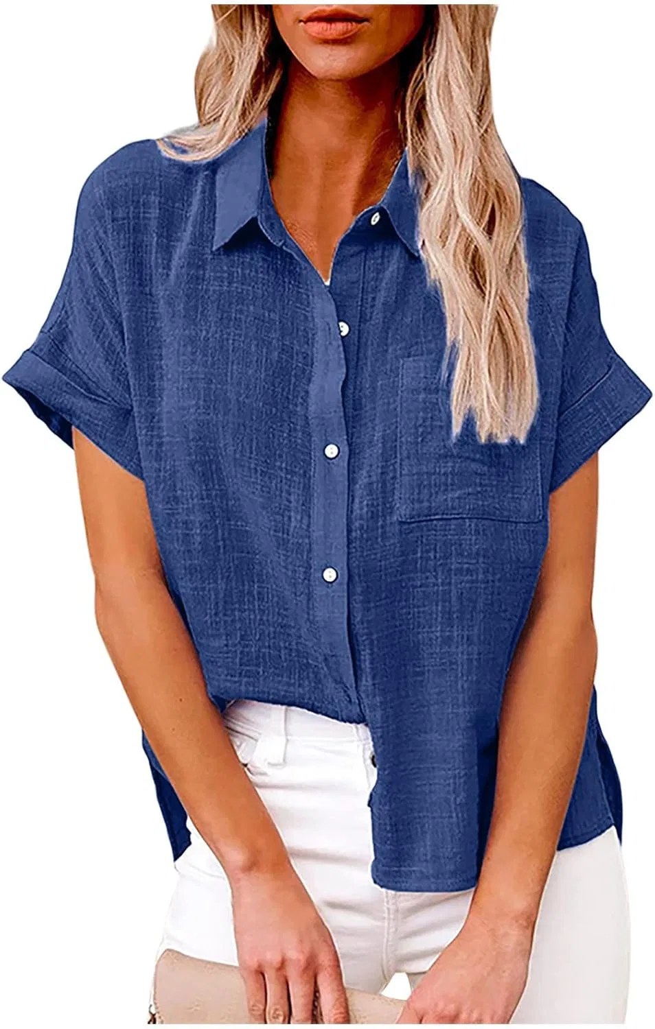 Блуза с коротким рукавом Cotton Linen, синяя