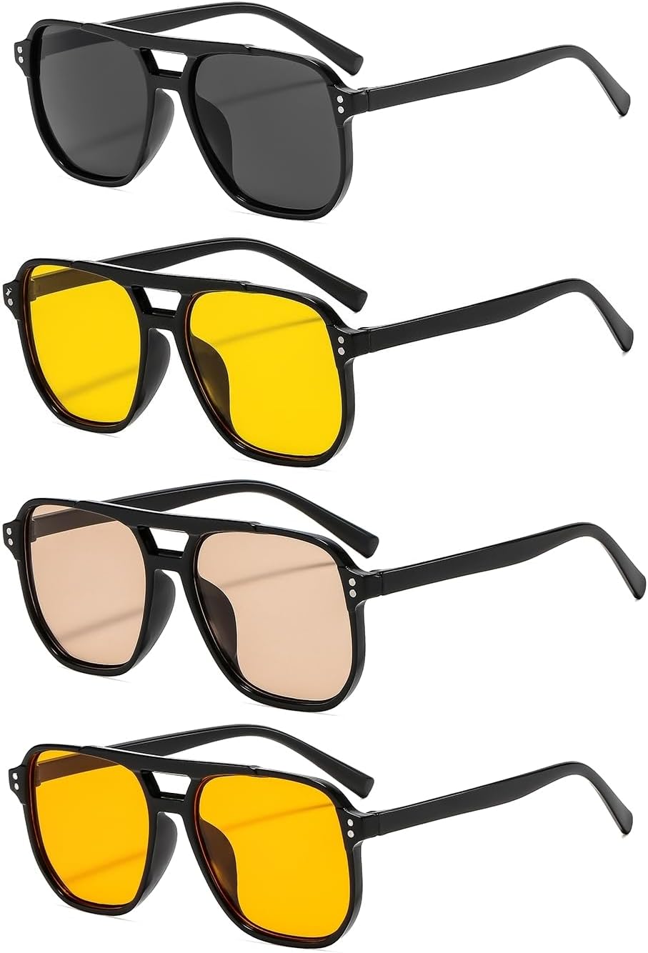 

4 пары ретро-солнцезащитных очков-авиаторов квадратной формы для женщин и мужчин. Модные классические солнцезащитные очки-авиаторы большого размера в стиле 70-х. Винтажные очки IKUVNA, Black+yellow+light Tea+orange