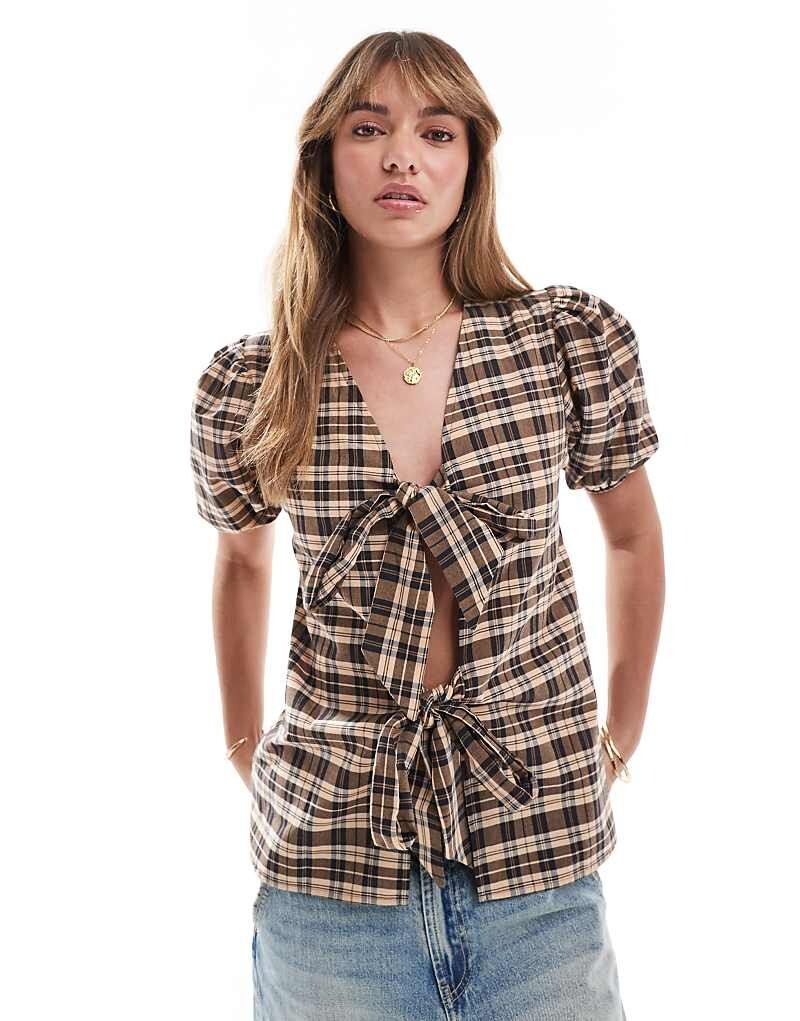 

Клетчатый топ с завязками и объемными рукавами ASOS DESIGN