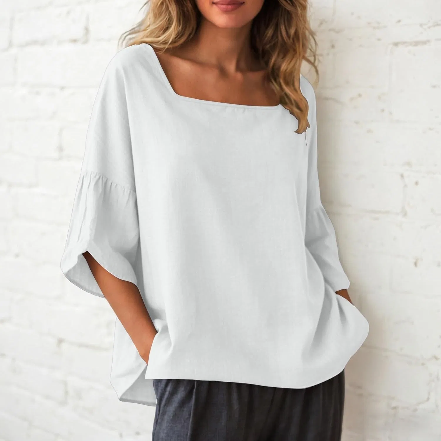 Футболка женская из льна и хлопка, T-Shirt, белый — фото 2
