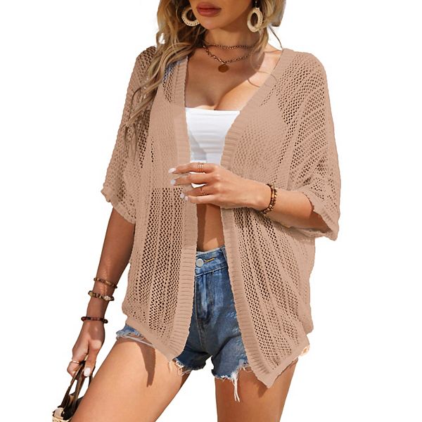 

Женский короткий рукав кардиган с сеткой и удлиненными плечами, легкий пляжный топ Seoria, Red Apricot