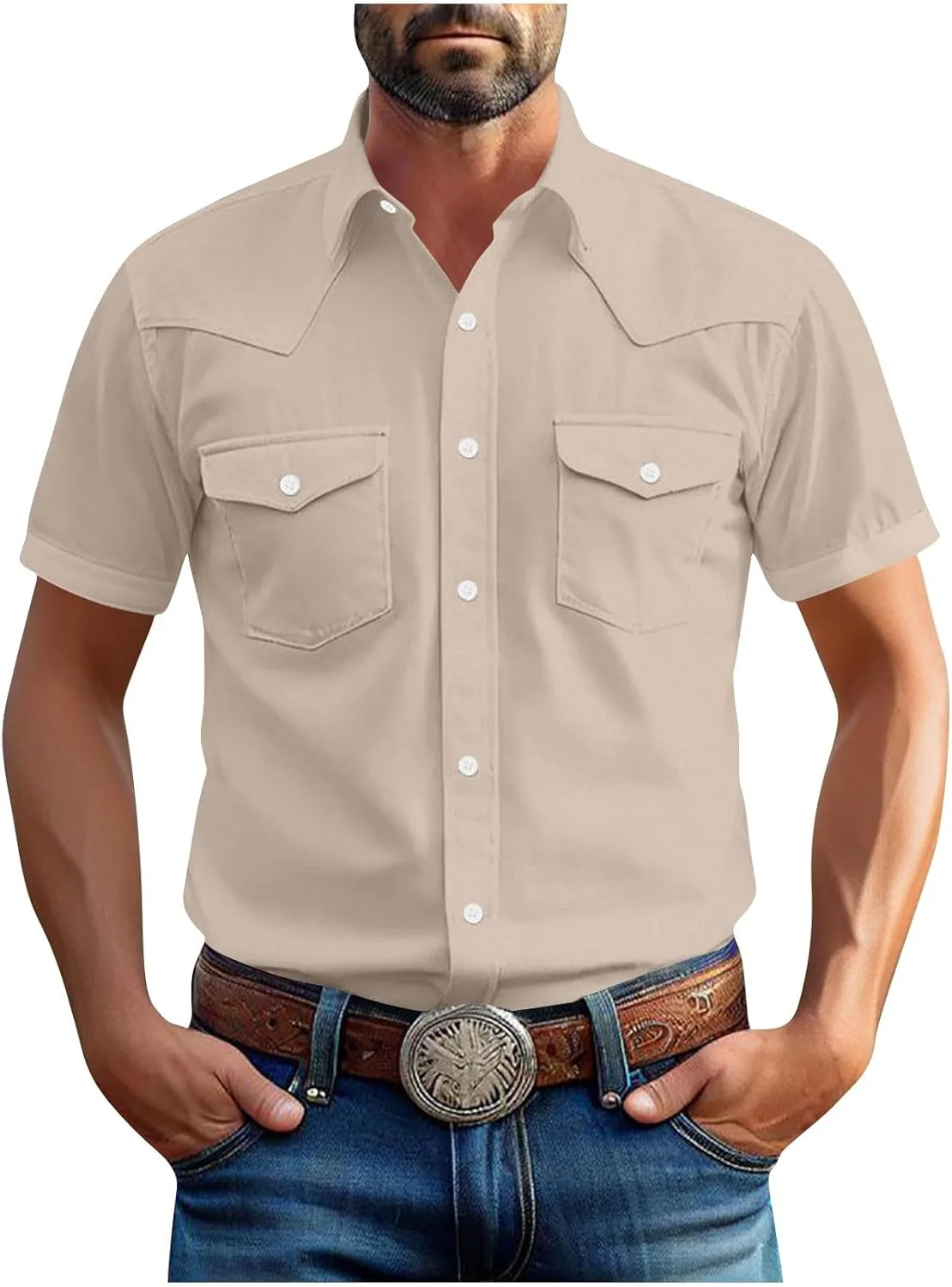 

Xiaojmake мужская рубашка в стиле вестерн с коротким рукавом, хлопковая, с карманами