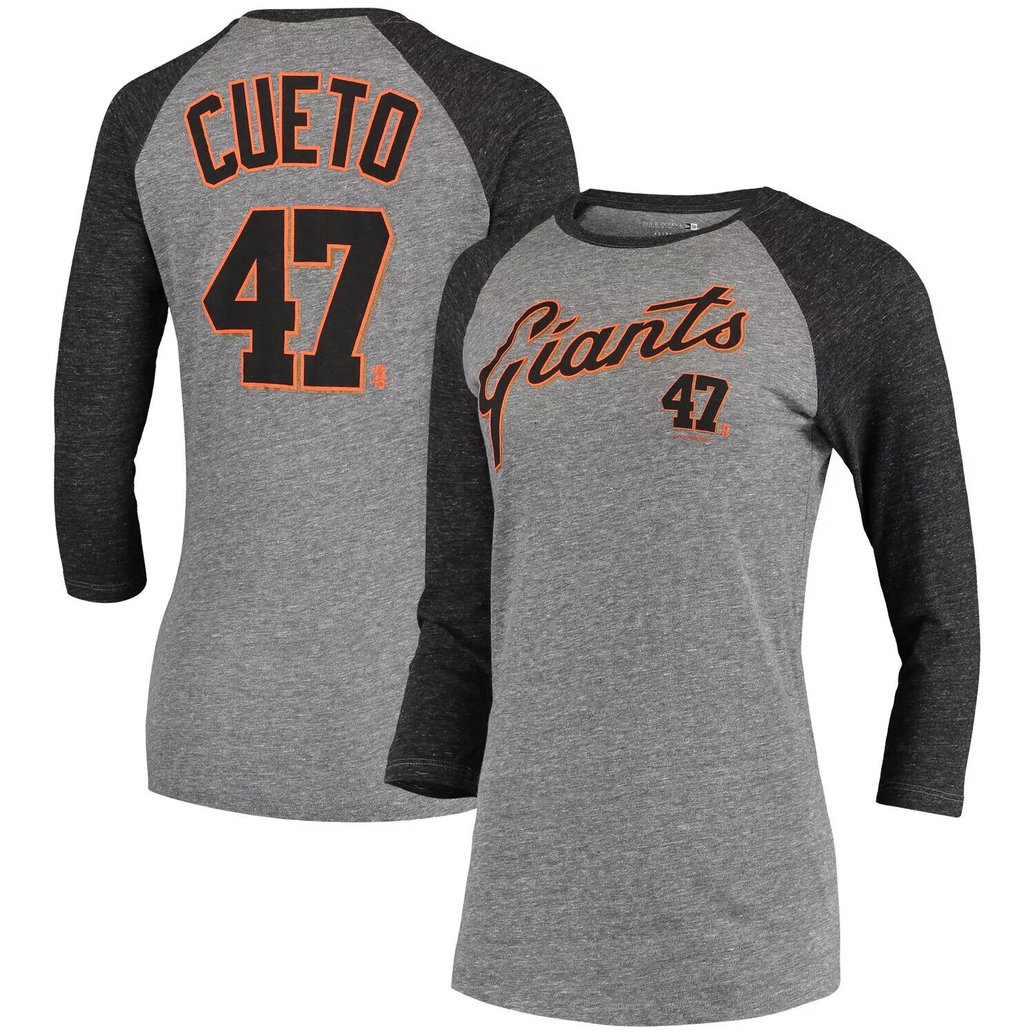 

Женская футболка 5th & Ocean by New Era Johnny Cueto Grey San Francisco Giants с названием и номером, футболка реглан Tri-Blend с рукавами 3/4 New Era