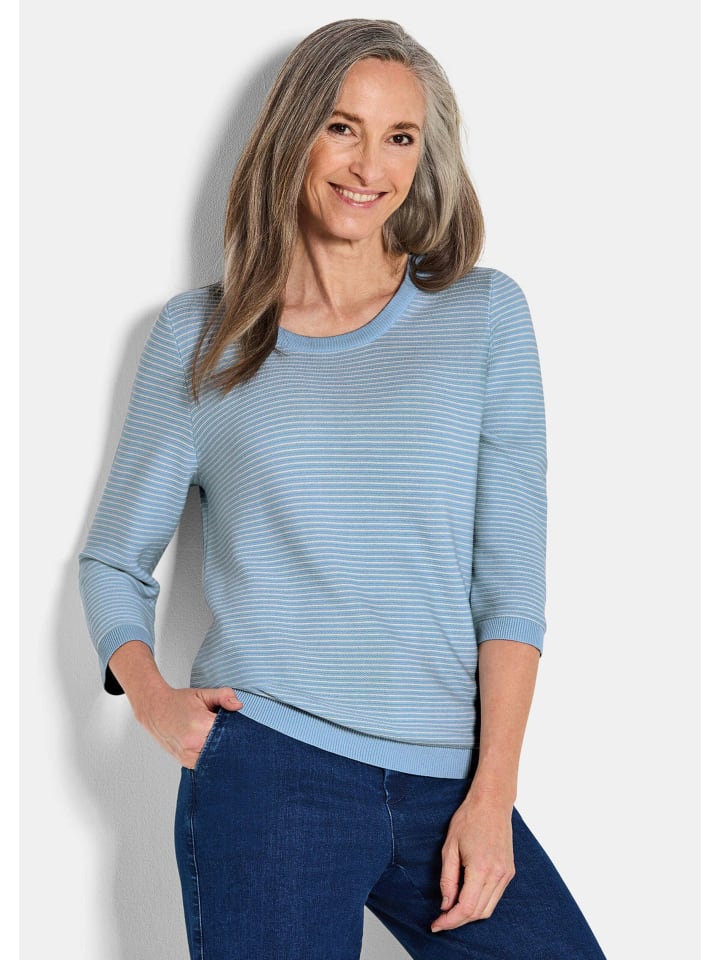 

Вязаный свитер с короткими рукавами, полосатый свитер из хлопка дымчато-синего цвета с узором. GOLDNER