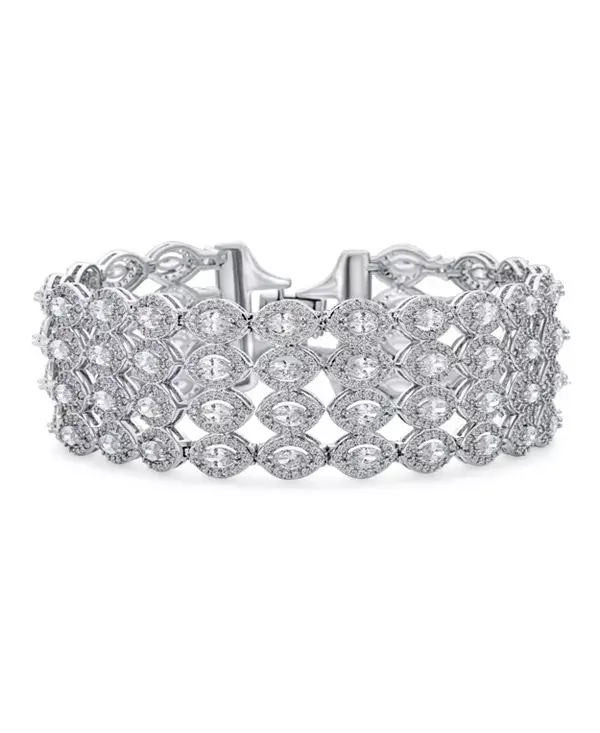 

Ювелирный браслет в стиле ар-деко с 4 рядами фианитов огранки «маркиз» и родиевым покрытием, ширина 7,5 дюймов. Идеально подходит для официальной вечеринки. Bling Jewelry, clear