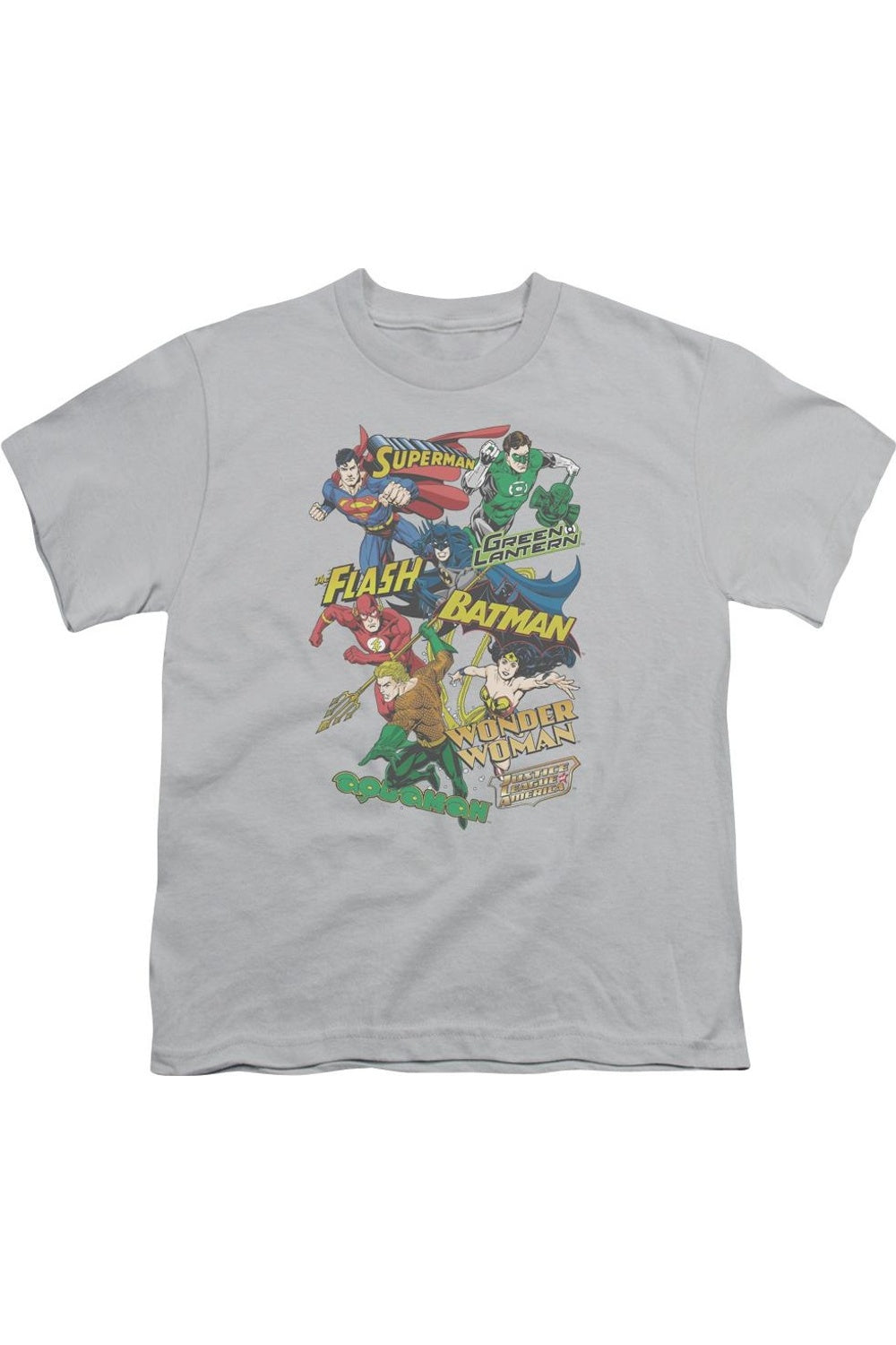 

Футболка с коротким рукавом для подростков "Лига справедливости Америки" с коллажем героев Gildan, серебряный