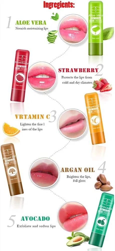 Набор цветоизменяющих гигиенических помад DISAAR Beauty, 5 шт. по 4 мл, алоэ вера, авокадо, аргановое масло, витамин C, клубника — фото 2