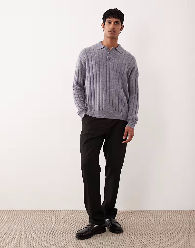 

Свободное трикотажное поло из овечьей шерсти в рубчик серого меланжевого цвета Asos Design, Серый, Свободное трикотажное поло из овечьей шерсти в рубчик серого меланжевого цвета Asos Design