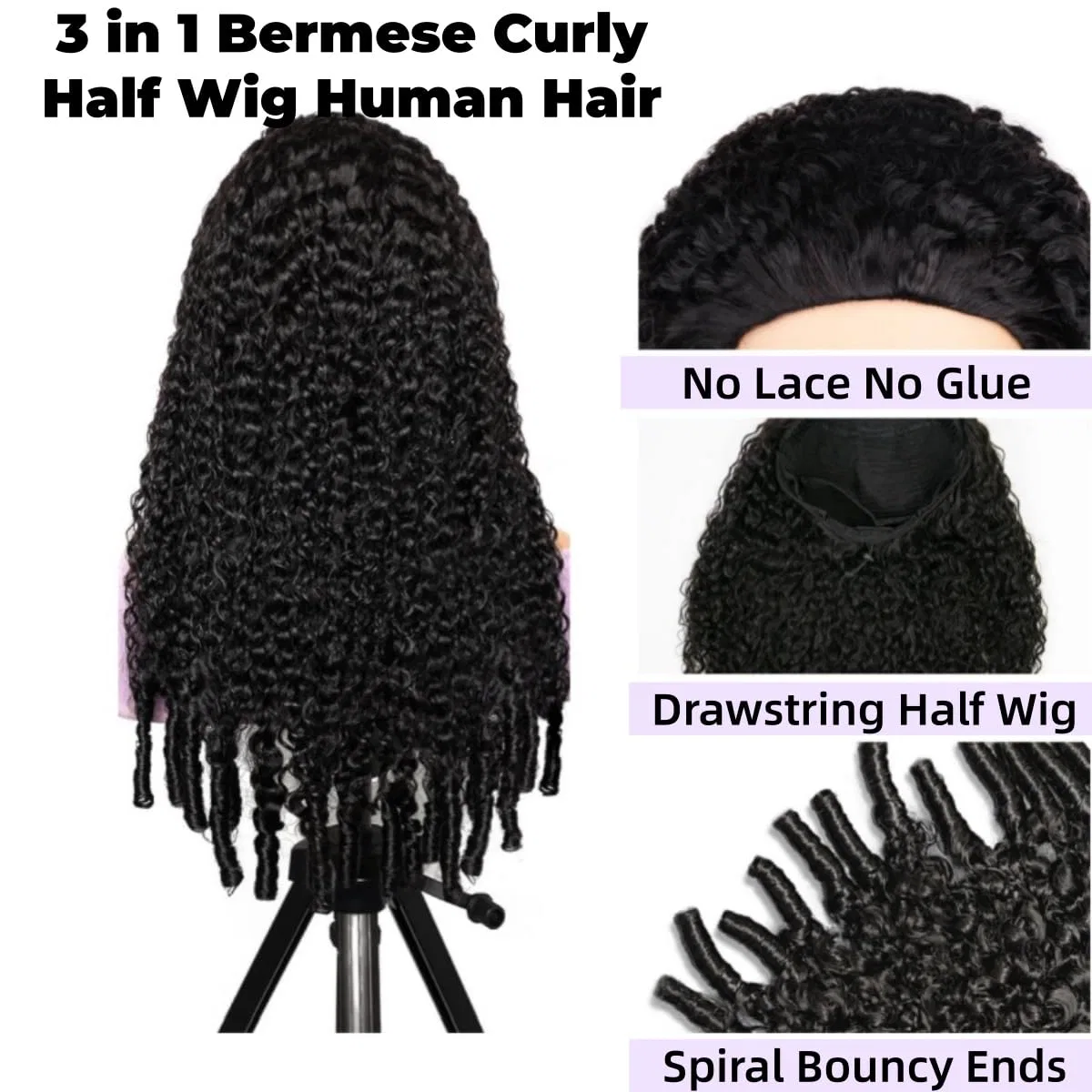 Полупарик из натуральных волос Burmese Curly с ободком Gralune, Schwarz — фото 3