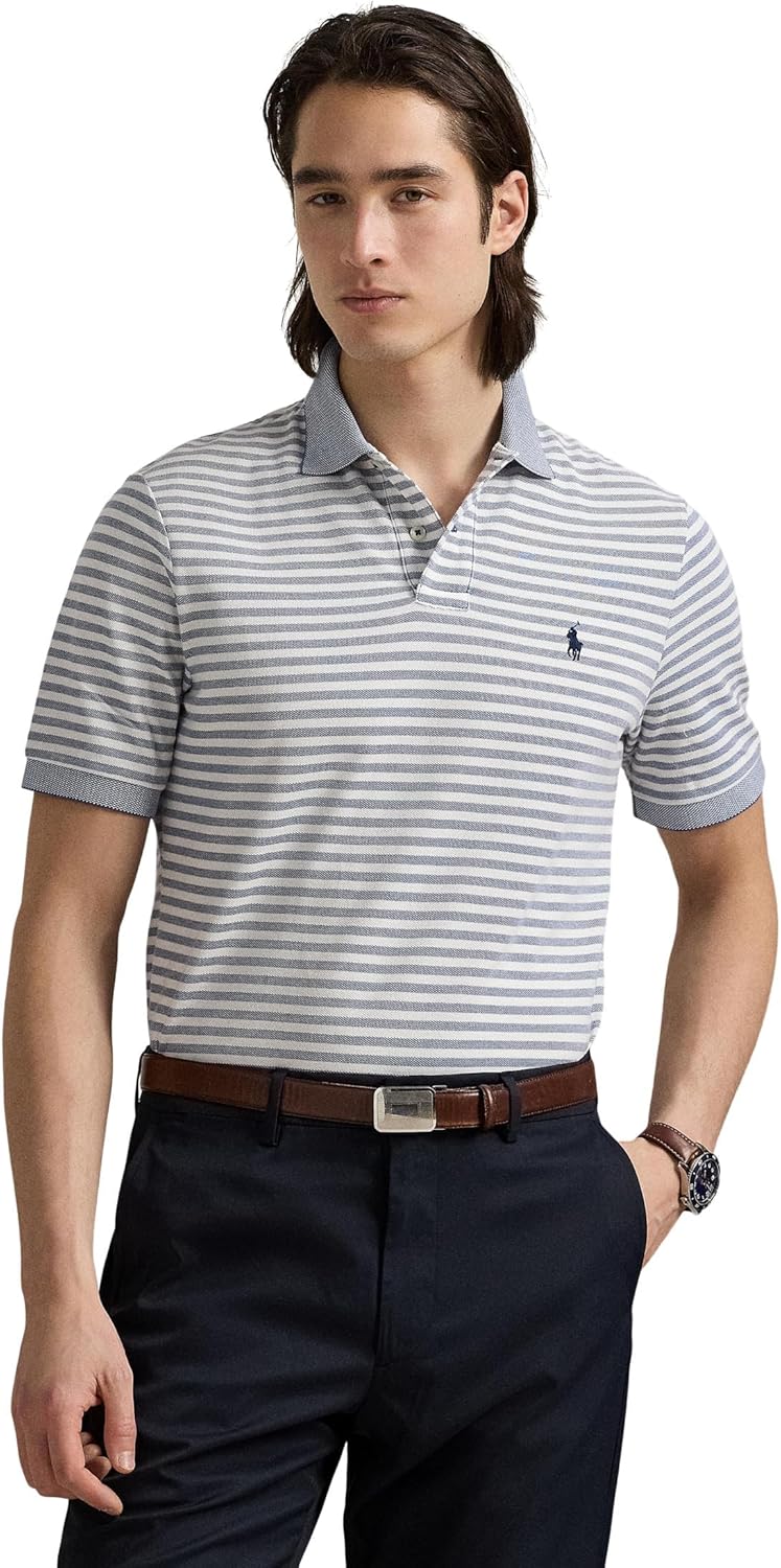 

POLO RALPH LAUREN Мужская классическая полосатая поло из сетчатой ткани, Earth Blue/White