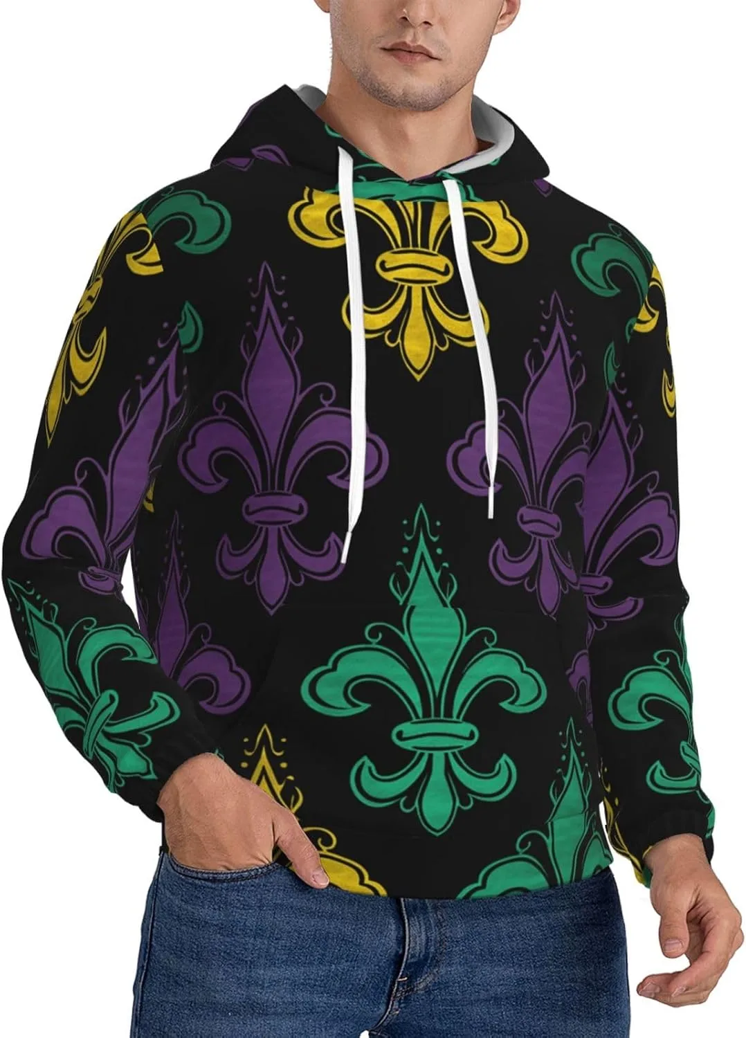 

Мужская флисовая толстовка с капюшоном, Casual Long Sleeve Hooded Sweatshirts 3d Fleur De Lis Mardi Gras KKLWEGU