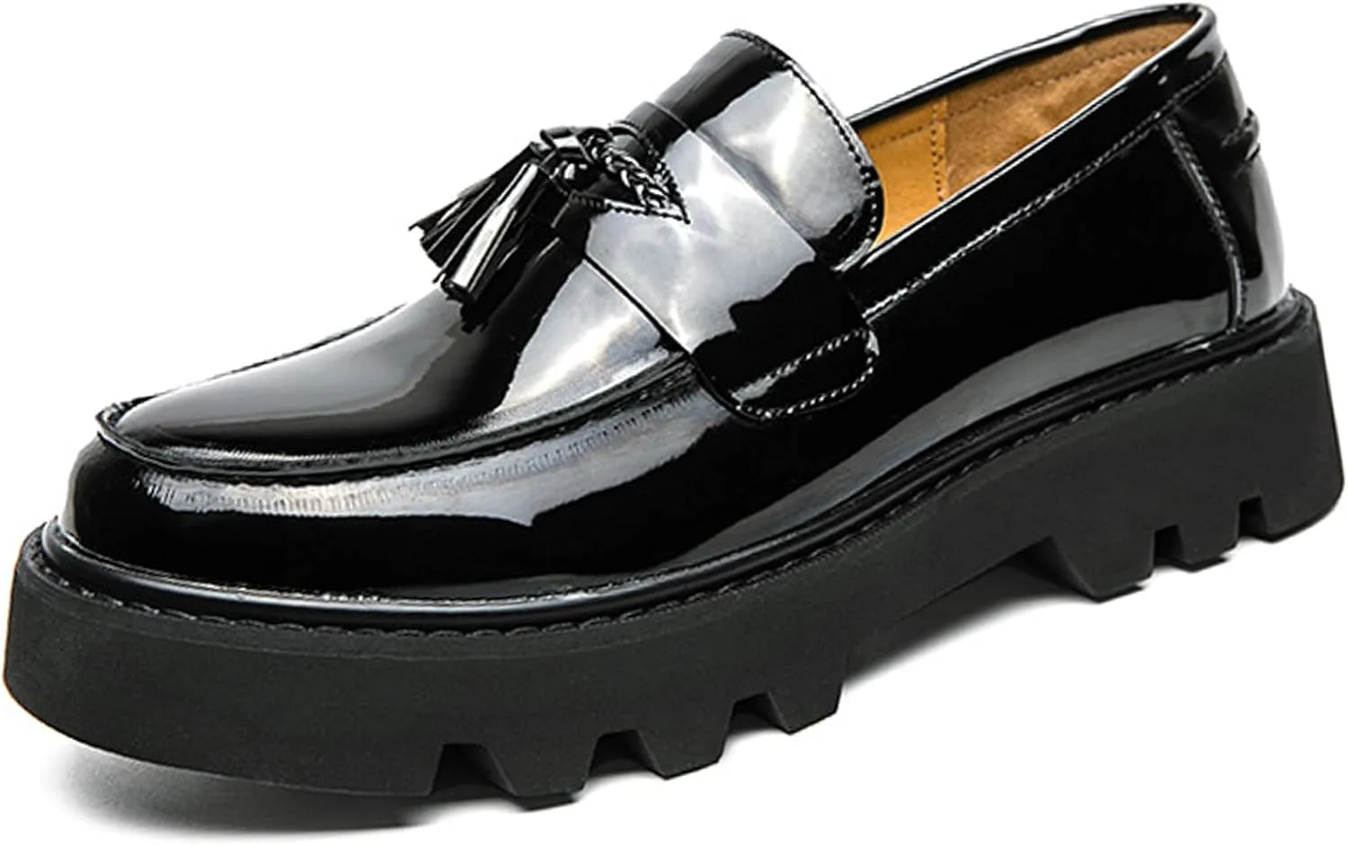 

Мужские лакированные лоферы на платформе с кисточкой, классический круглый носок, нескользящая рифленая подошва, повседневная, деловая, офисная и классическая обувь Oigunle, черный