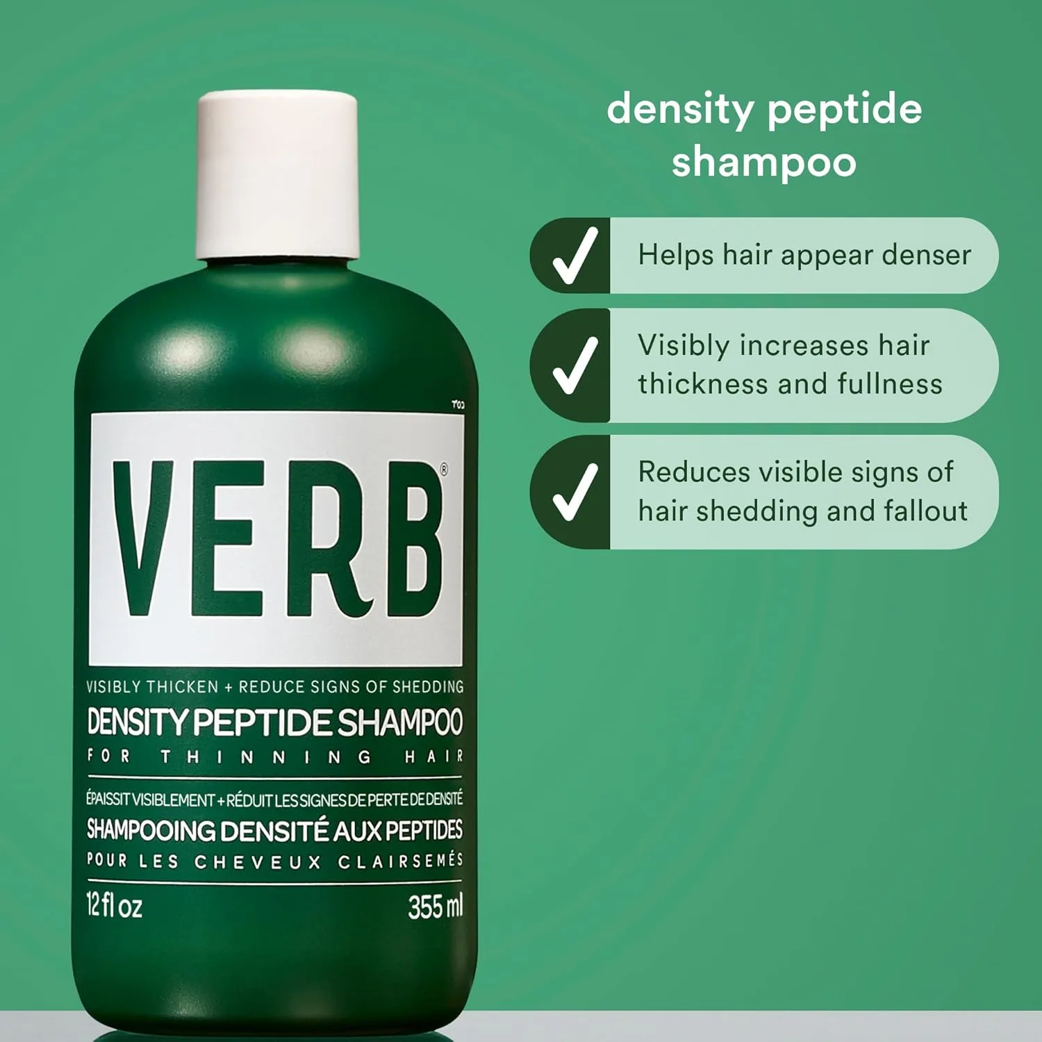 Шампунь VERB Density Peptide - заметно утолщает волосы и уменьшает выпадение - увлажняет тонкие и утяжеленные волосы. 245 мл (3 шт.), Green — фото 2
