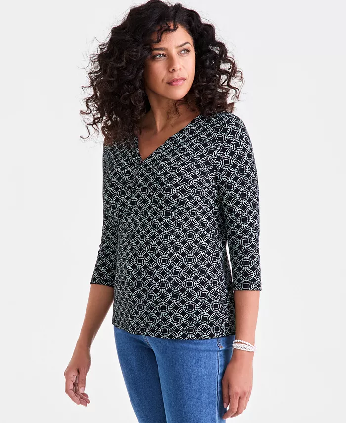 

Миниатюрный трикотажный топ с принтом и рукавами 3/4 Style & Co, черный