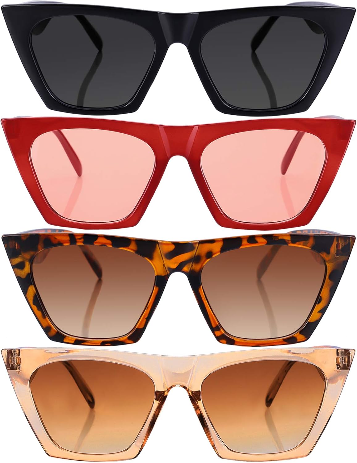 

Набор из 4 солнцезащитных очков Weewooday «Кошачий глаз» для женщин, ретро, ​​большие квадратные, винтажные, классические очки, стильный набор (яркие цвета), Bright Color