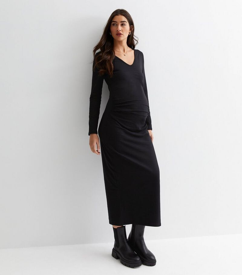 

Черное трикотажное платье миди с V-образным вырезом для беременных New Look, черный