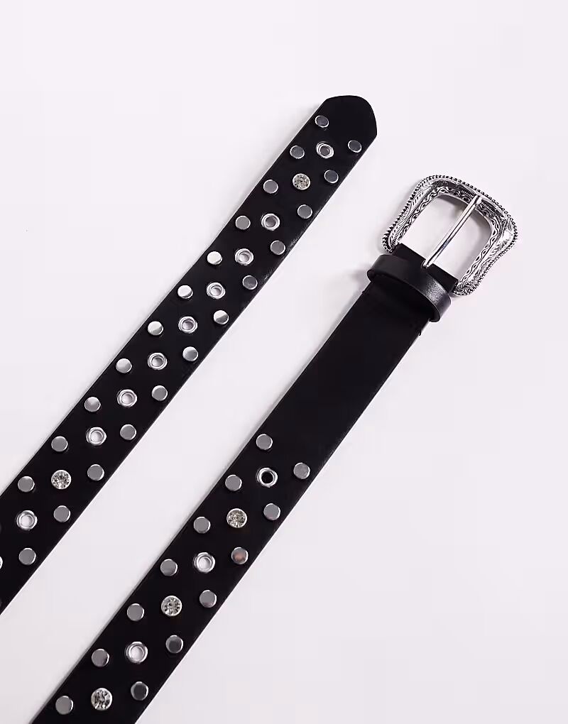 

Ремень в ковбойском стиле из черной искусственной кожи с кристаллами и заклепками Asos Design