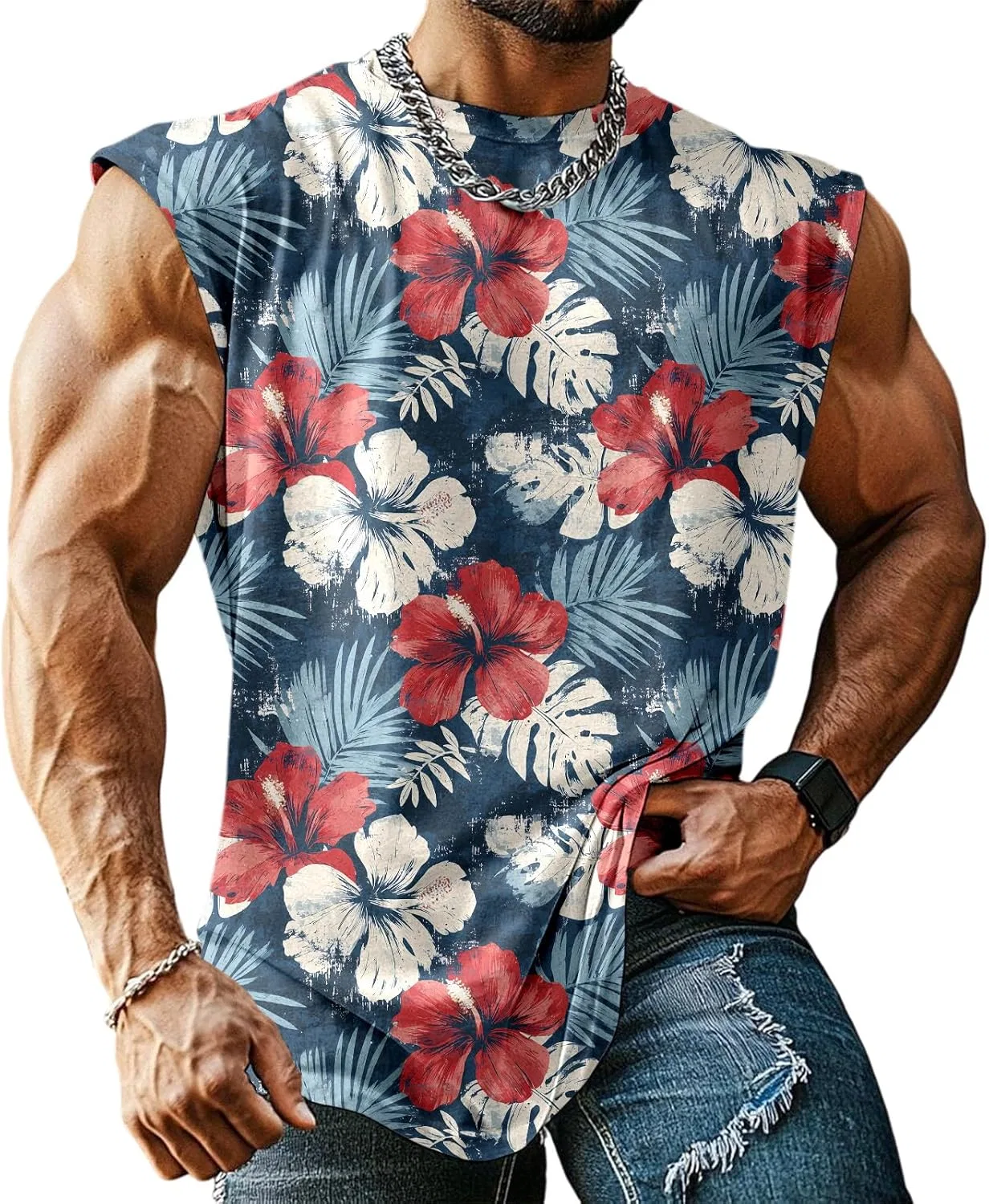 Мужской топ-майка с гавайским принтом, Red White Hibiscus