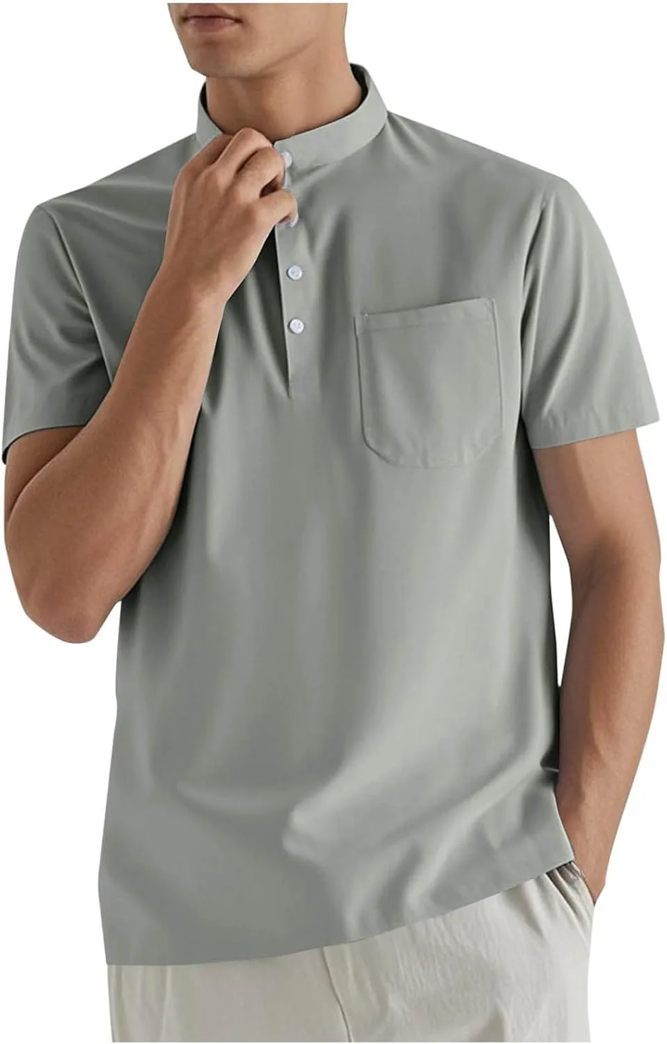 

Xiaojmake мужская короткая рубашка из льна с воротником на пуговицах и карманом