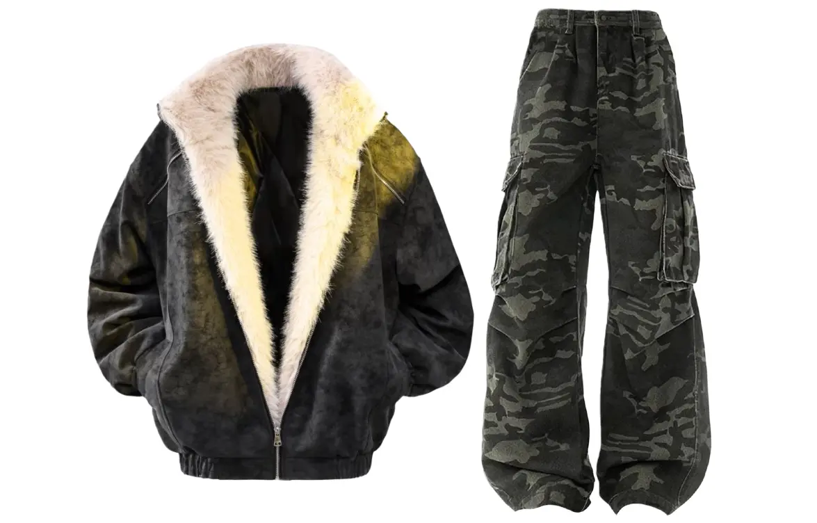 

Повседневный спортивный костюм Unisex с лацканами утепленный X1617, черный puffer jacket+camouflage pants