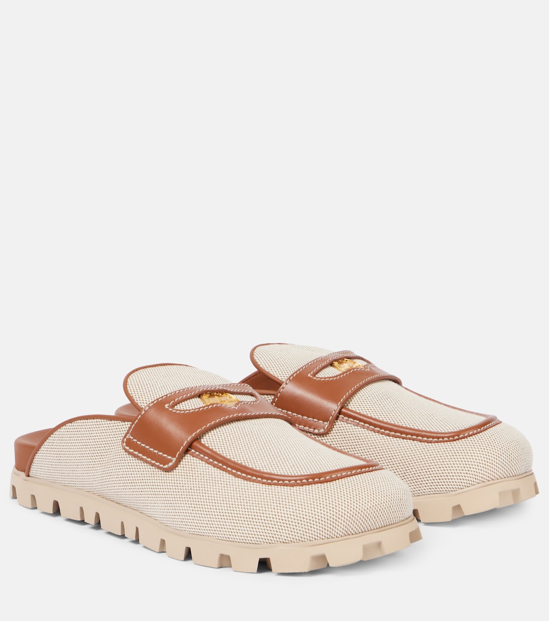 Кожаные мюли с отделкой из холста Miu Miu, Naturale + Brandy