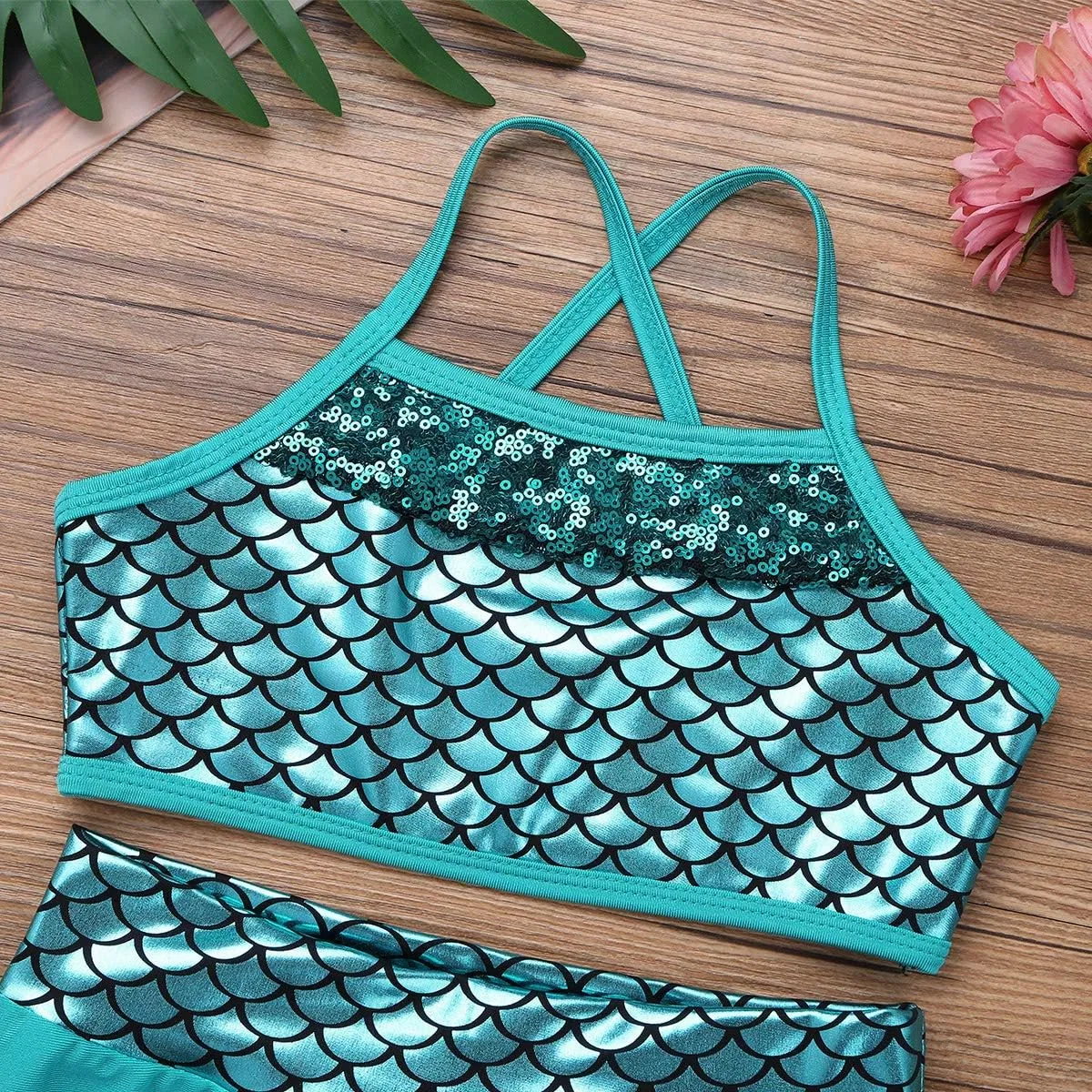 Детский спортивный комплект из топа и шорт, FEESHOW, Mermaid Green — фото 4