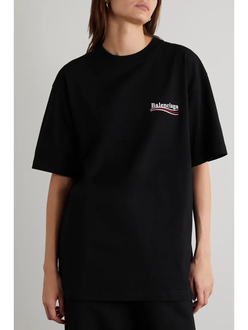 Сверхширокая футболка из хлопкового трикотажа с вышивкой BALENCIAGA, черный — фото 3
