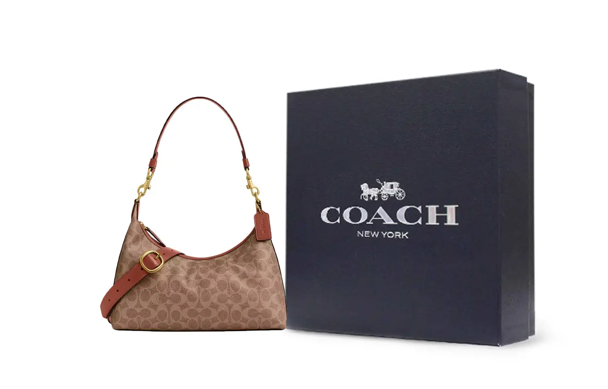 

COACH Женская большая сумка через плечо Juliet из прорезиненной ткани с кожаной отделкой карамельного цвета