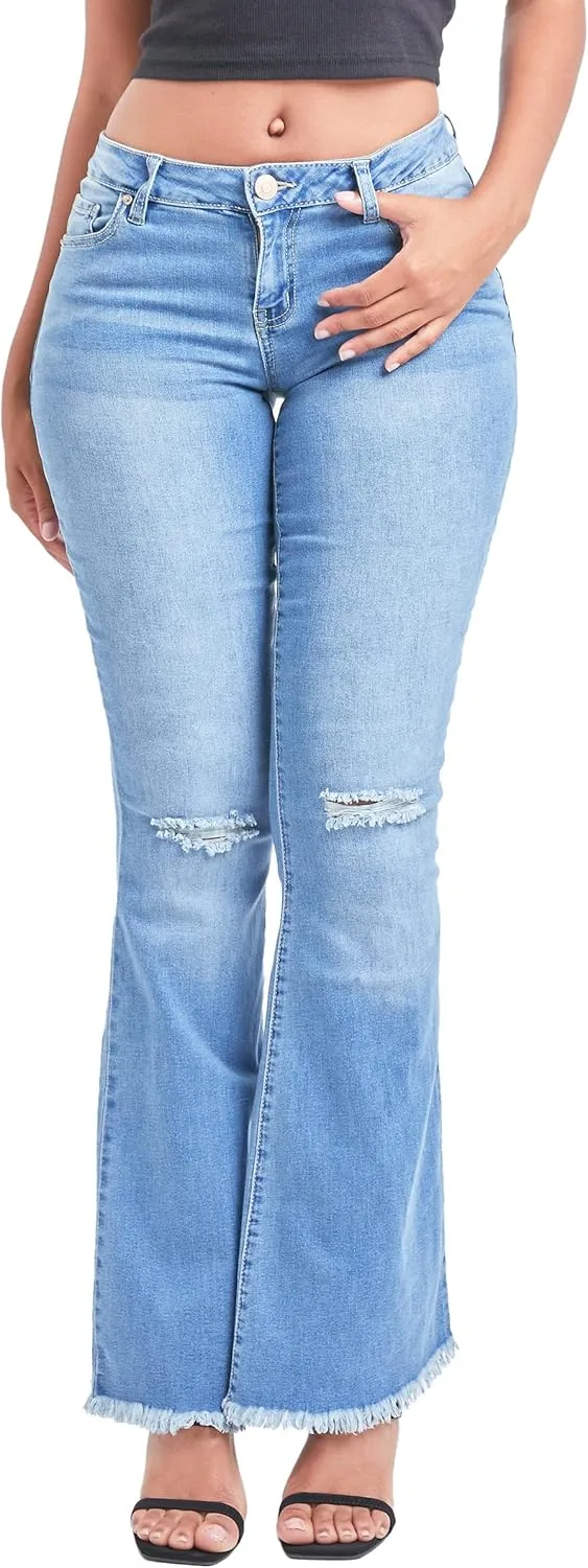 

YMI Women's 1-Button Low-Rise Fray Hem Flare