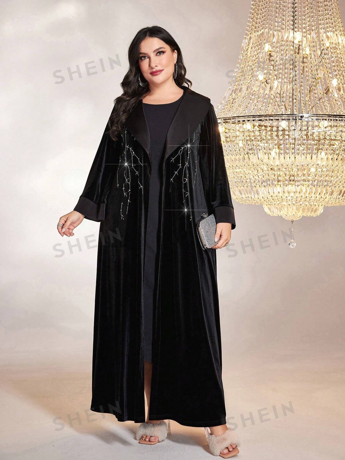 

Najma Plus Бархатная абайя со стразами и кисточками, открытая передняя часть Shein, черный
