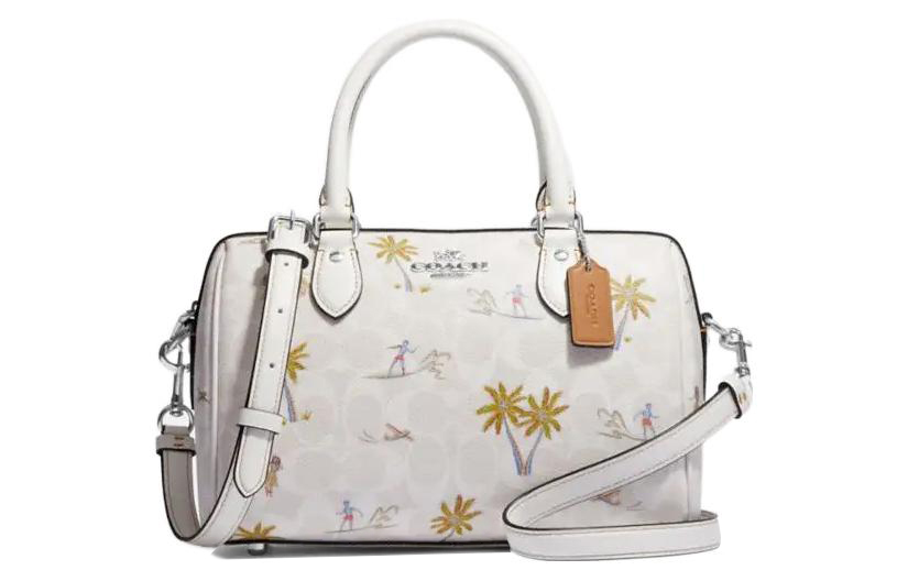 

COACH Классическая жаккардовая кожаная бостонская сумка через плечо среднего размера для женщин белая