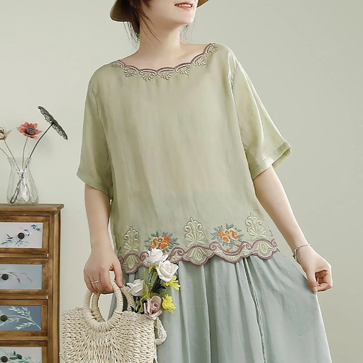Блуза, с цветочным принтом, Womens linen Shirts, светло-зеленый — фото 2