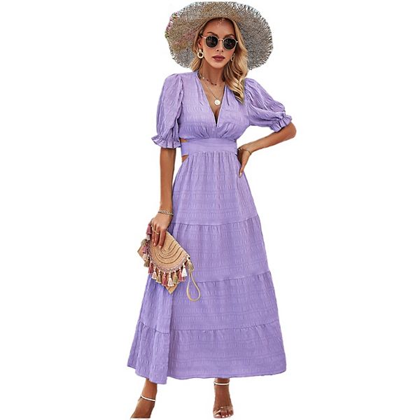 

Женское платье с v-образным вырезом и коротким рукавом в стиле фонарик Yesfashion, Light Purple