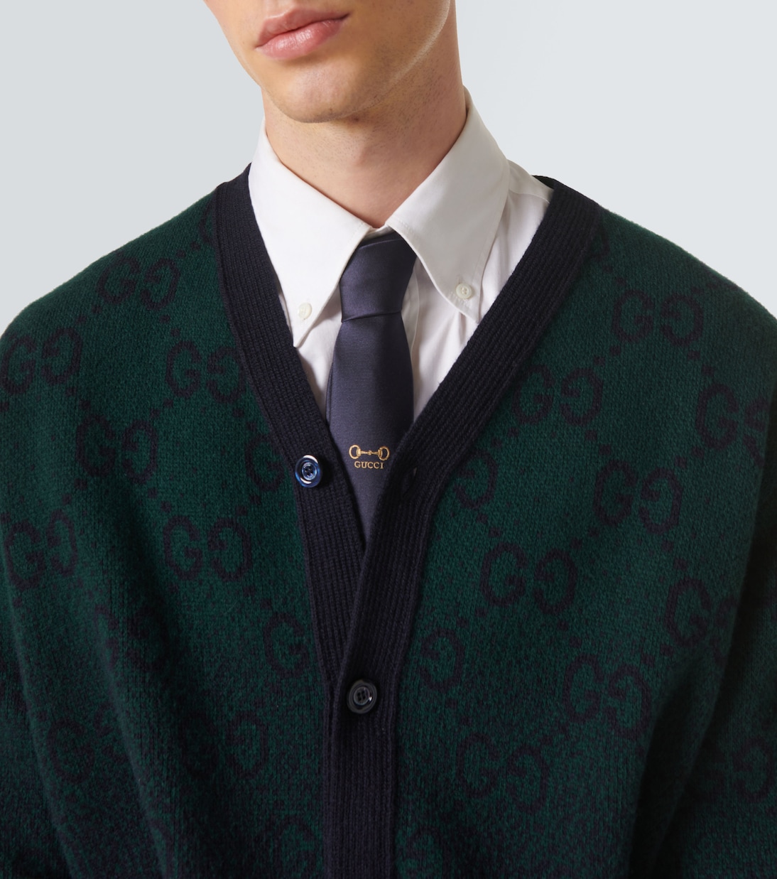 Шелковый галстук с жаккардовым узором Horsebit Gucci, темно-синий — фото 3