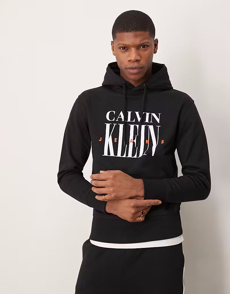 

Толстовка с капюшоном Calvin Klein Jeans с большим графическим логотипом черного цвета