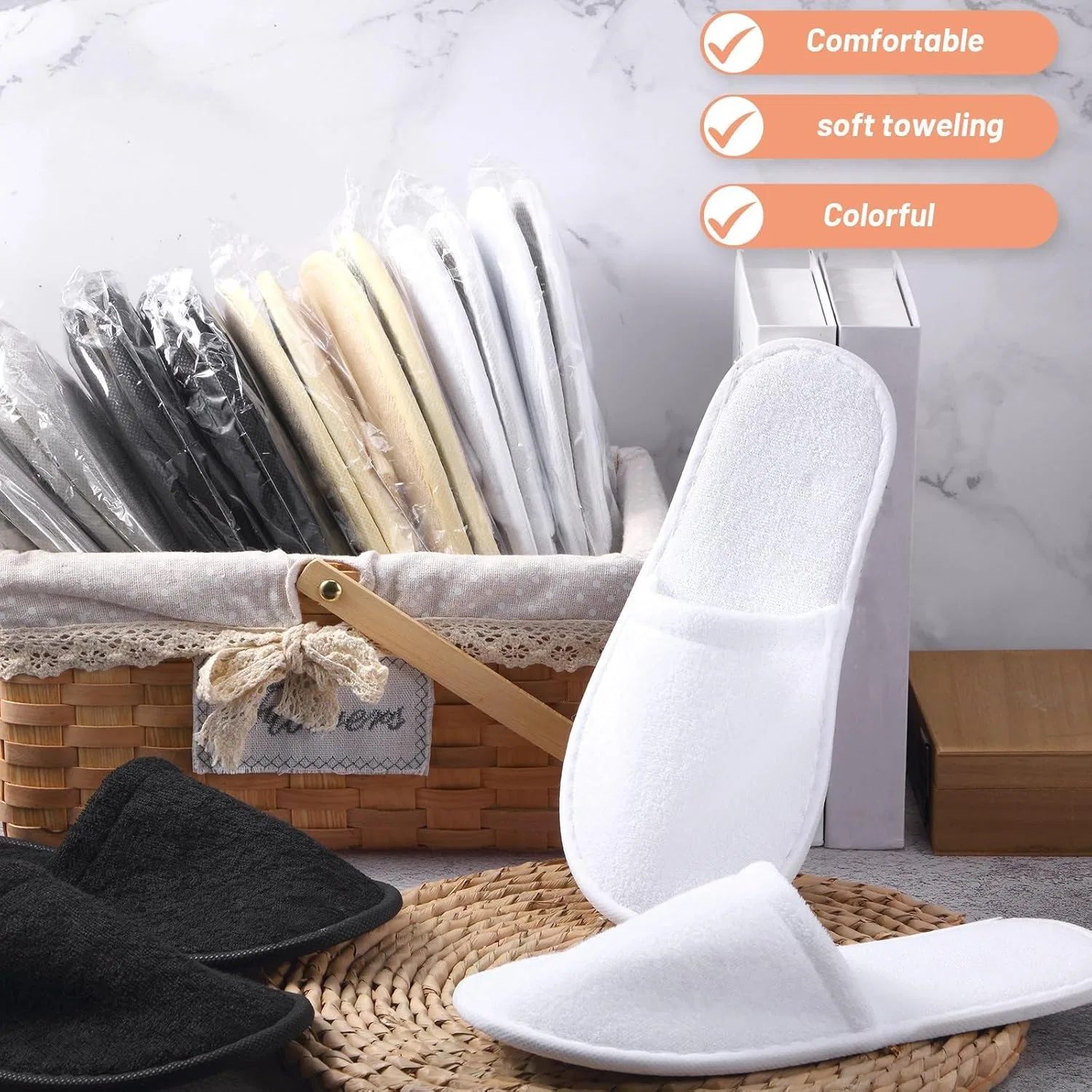 Набор одноразовых тапочек с закрытым носком для гостей, 24 пары Geyoga, White, Light Grey, Black, Khaki — фото 3