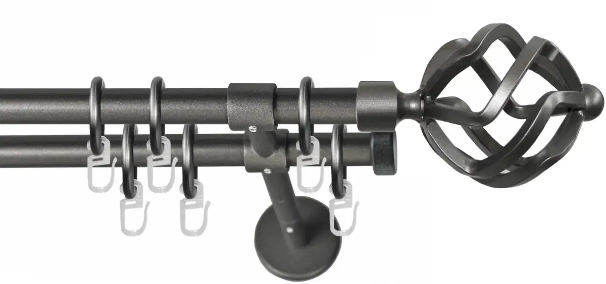 

Карниз GARESA "РУСТИКА", 2 направляющие, желаемая длина, комплект штор в стиле рустик, выдвижной, с кольцами, торцевая корзина для пуговиц 130 см, Ø16мм, цвет graphit