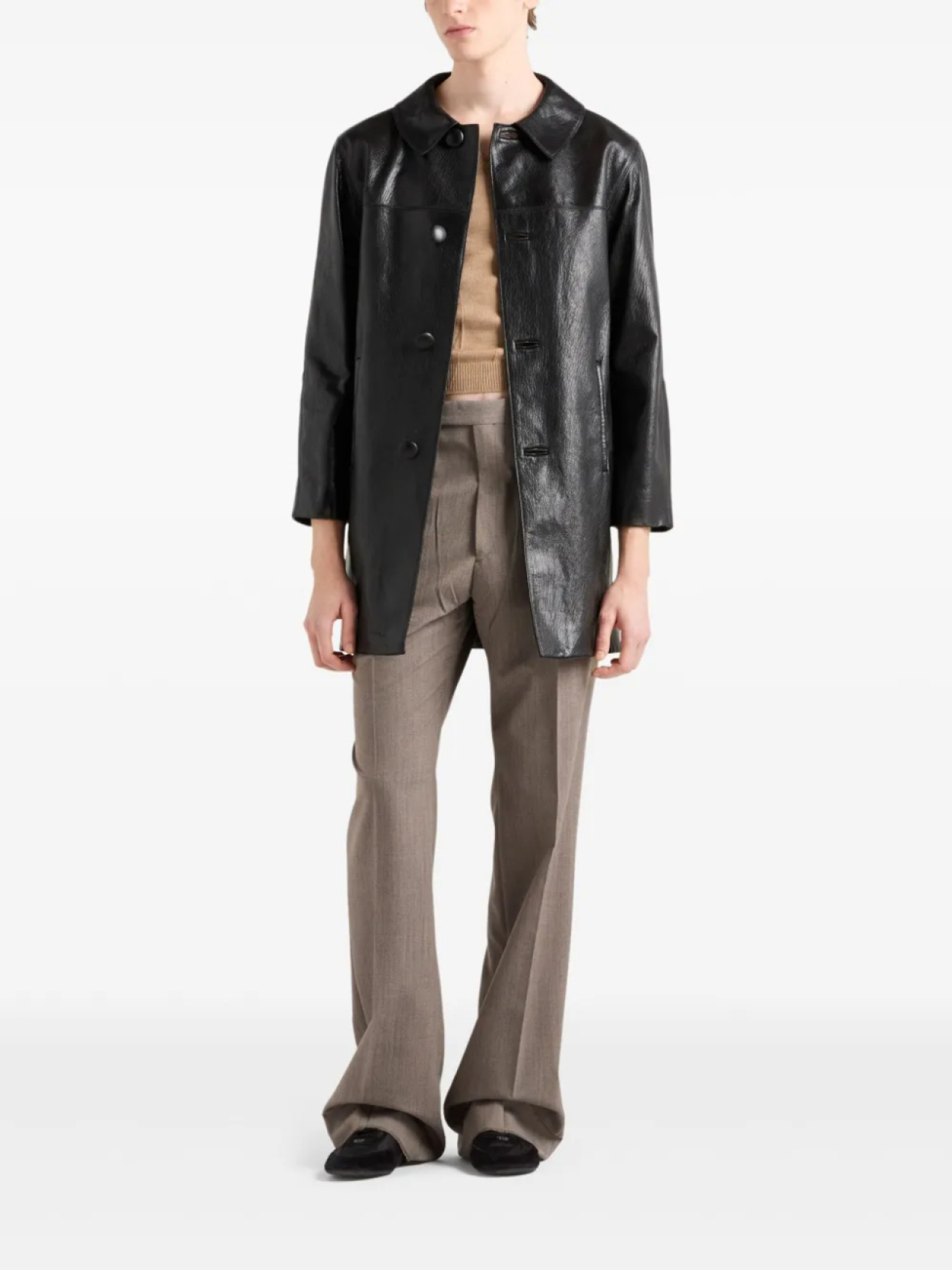 

Prada кожаное пальто с логотипом, черный