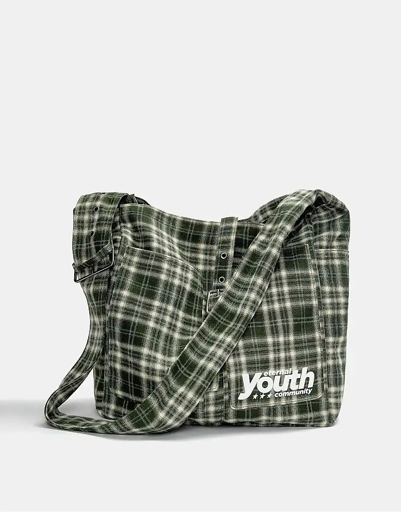 

Сумка через плечо Pull&Bear в клетку с пряжкой зеленого цвета