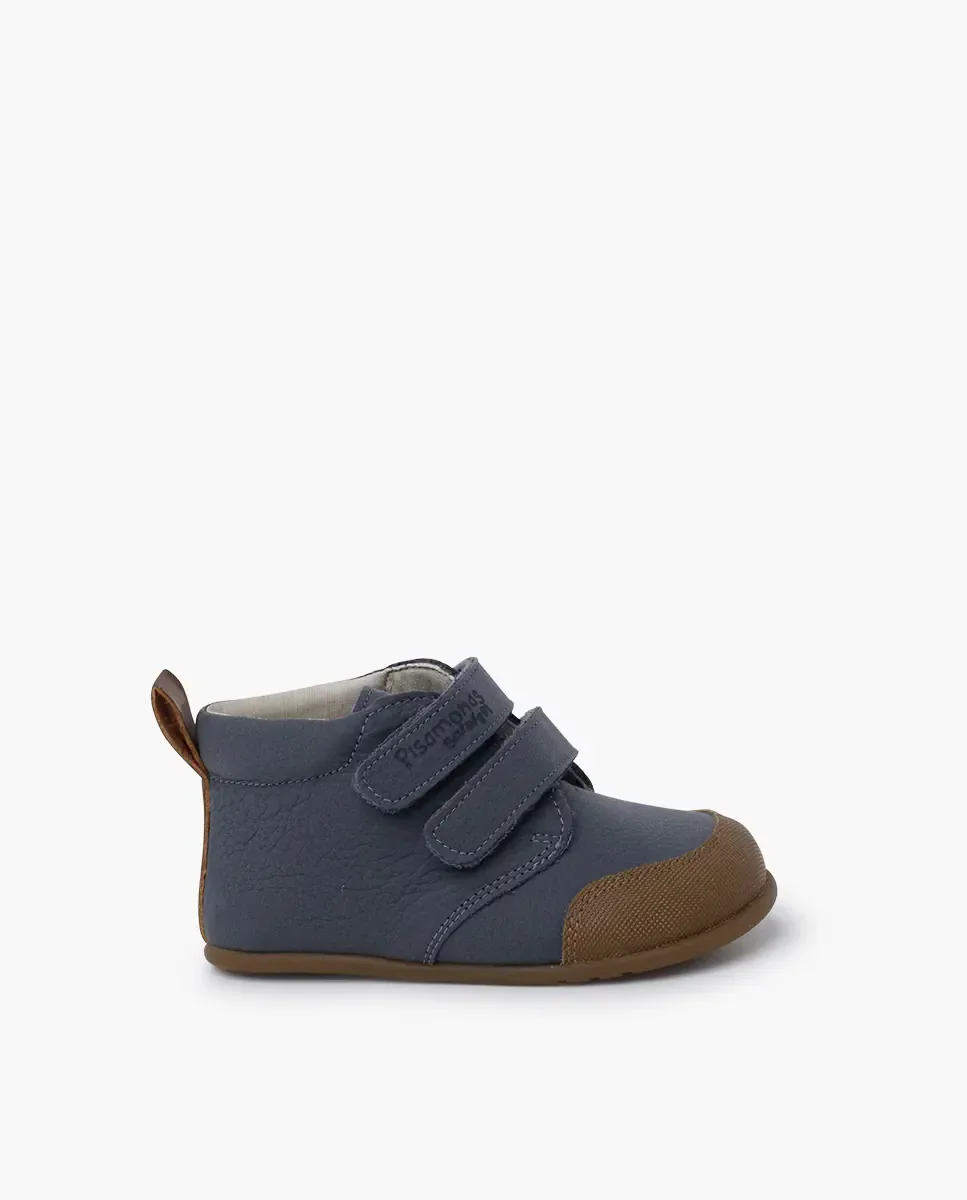 Ботинки для малыша мальчика barefoot из кожи с усиленным носком Pisamonas, синий / серый