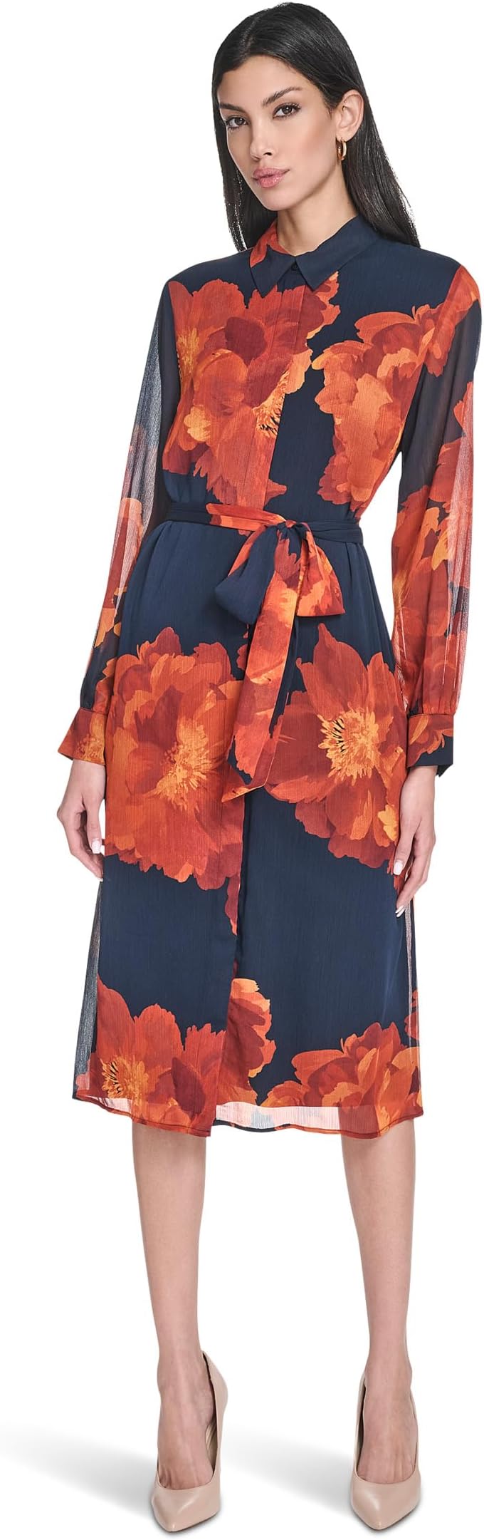 

Женское шифоновое миди с длинными рукавами и цветочным принтом, с завязками Calvin Klein, Indigo Multi